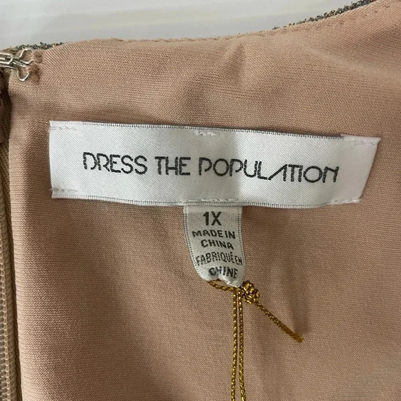 DRESS THE POPULATION Gold/Teal Riley Plunge Neck Mini Dress Size 1X Holiday - Picture 3 of 11